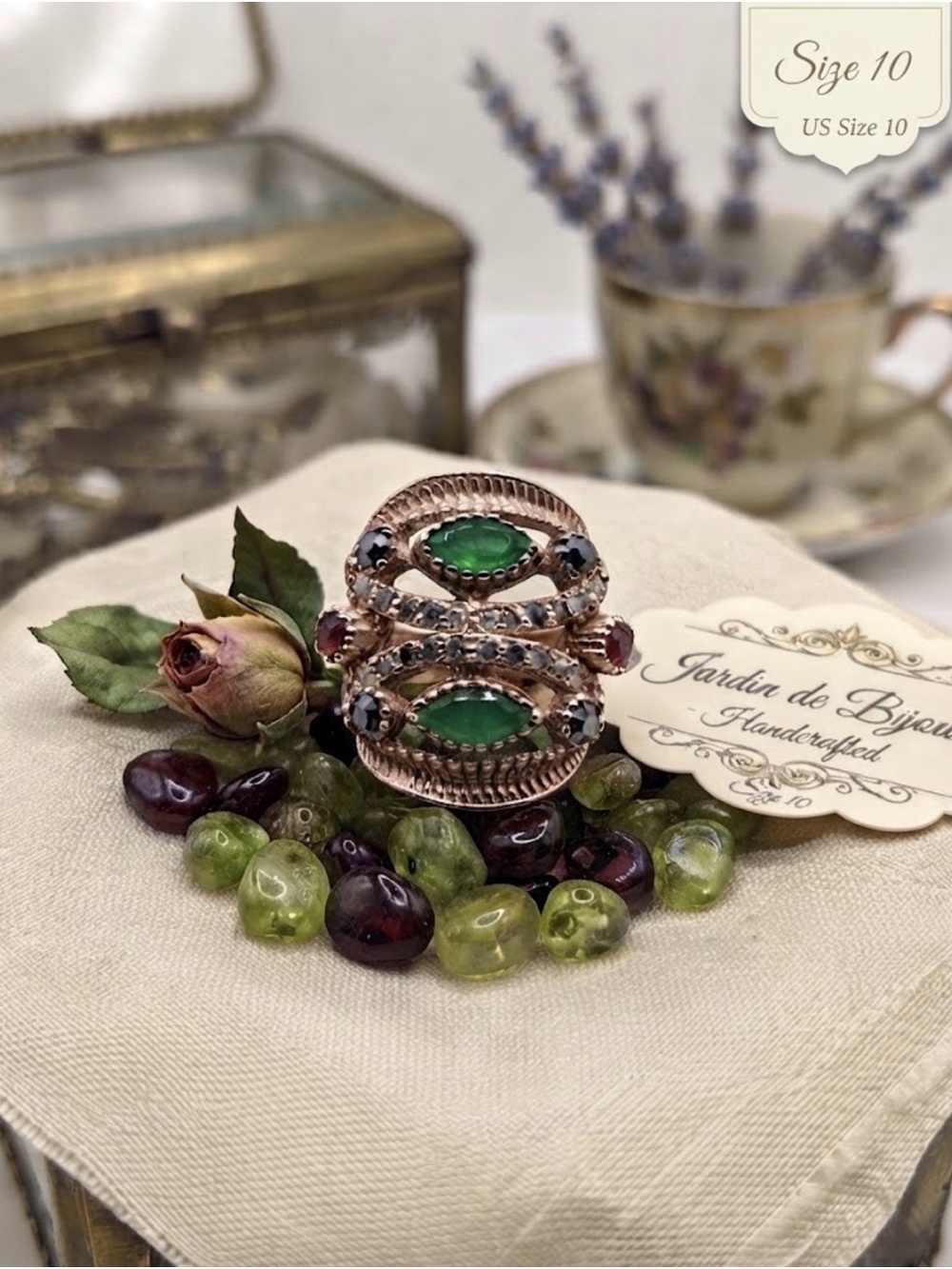 Rose Gold Statement Ring with Green Gemstones - Size 10